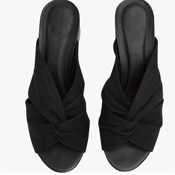 Rebecca Allen Twist Heels 10 Black Linen NWOT Sandals Mules Slip On Travel - Picture 4 of 11